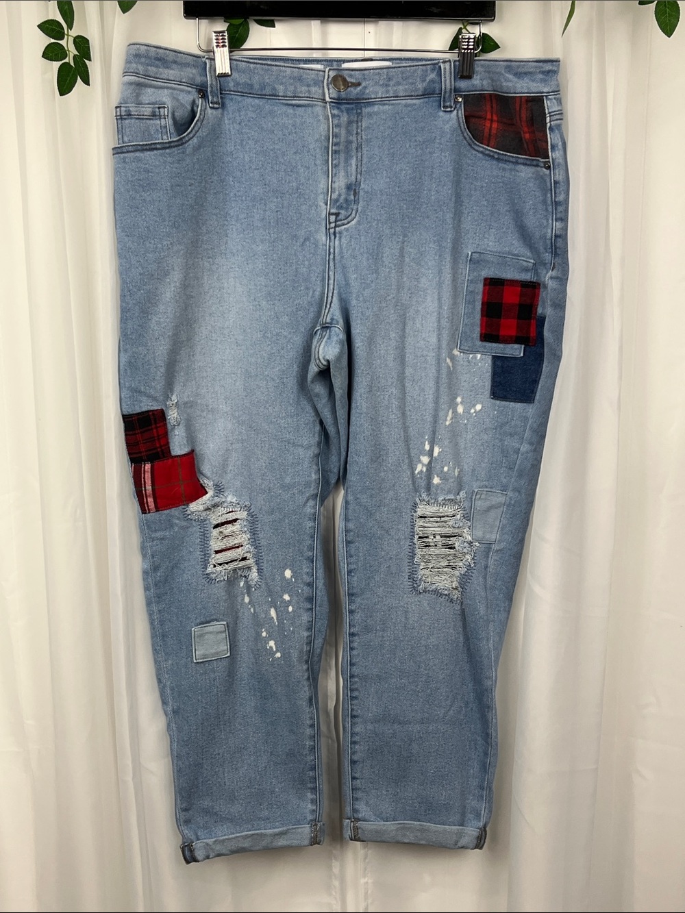 Lane Bryant Womens Jeans 16 Lightwash Flannel Patches Distressing Rolled Cuff